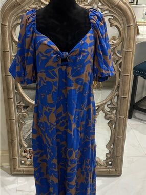 Anthropologie Blue and Brown Floral Tie-Front Maxi Dress